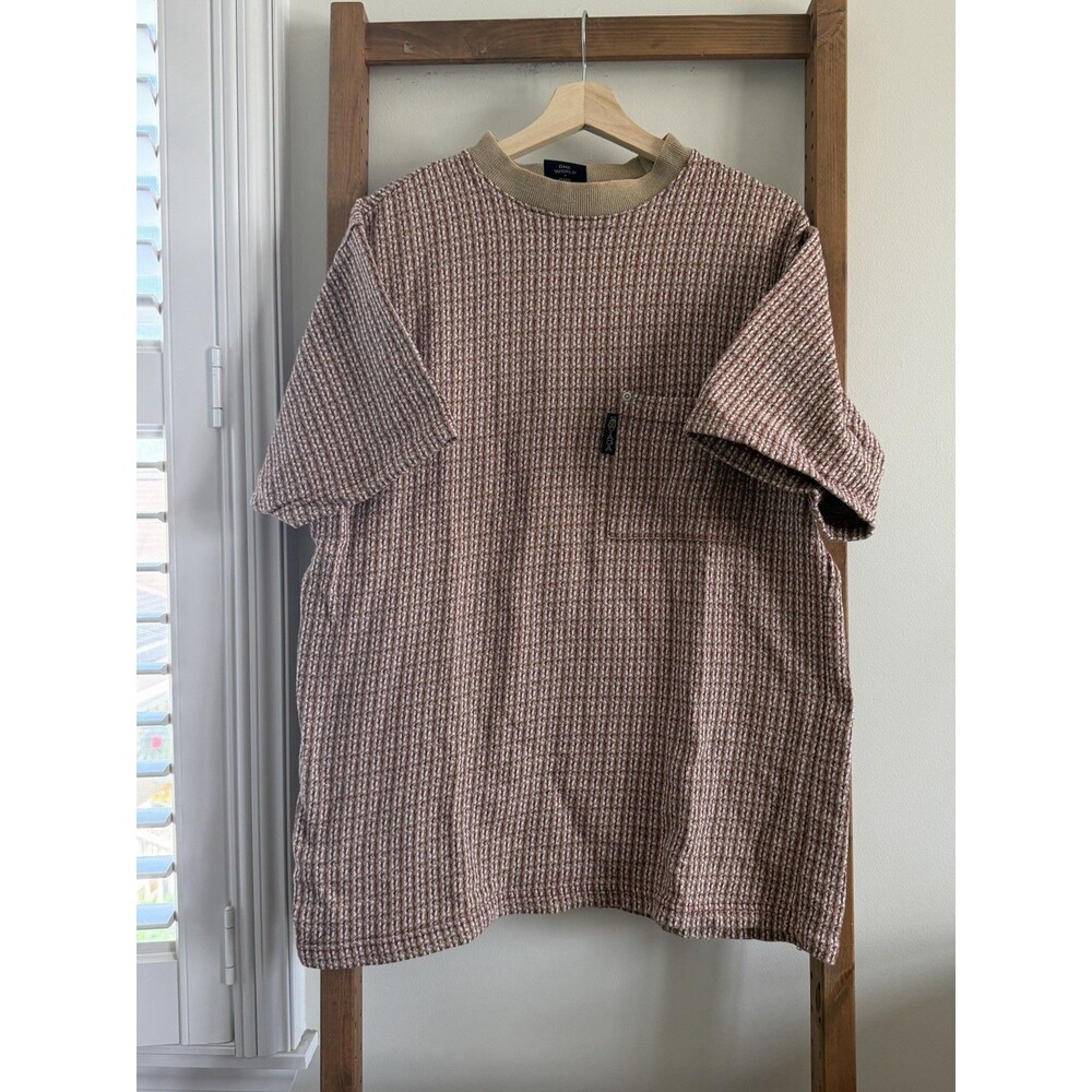 Y2K YAGA Textured Knit Pocket T Shirt Mens Large Beige Red Waffle Knit Grunge